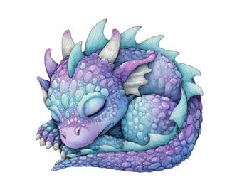 水彩画風の赤ちゃんドラゴンのプリント、本の上で眠る（デジタル