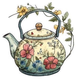 Floral Kettle PNG Clipart, 12x Vintage Teapot Clip Art Set, Printable Watercolor Clip Art, Paper Crafts, Digital Download, Transparent PNG