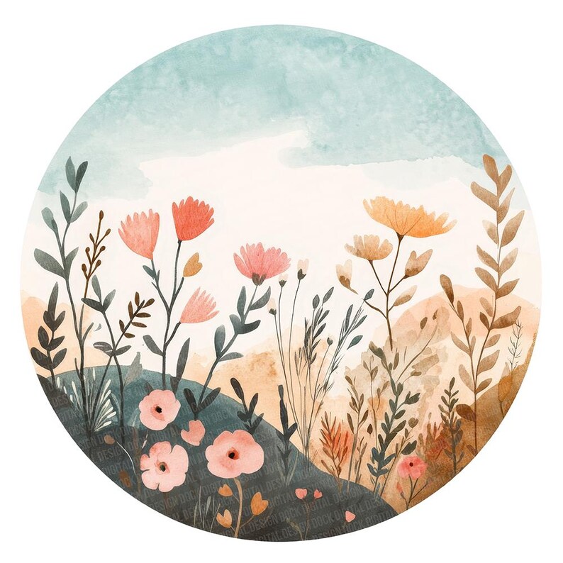 Pu&ograve; includere: Un'illustrazione ad acquerello di un arrangiamento floreale circolare con fiori rosa, pesca e arancio su uno sfondo acquerello blu e bianco.