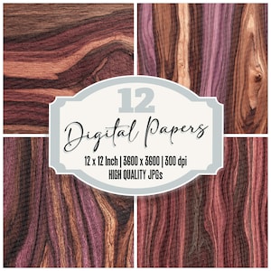 Paquete de 12 papeles digitales de diario de palisandro con veta marrón violeta, de alta calidad, con textura de madera, para fondos de álbumes de recortes imprimibles.