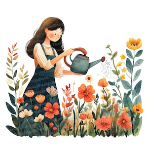 12 Clipart de menina de jardinagem, mulher, jardim de flores, jardinagem, clipart para impressão, JPG de alta qualidade, download digital, artesanato em papel, diários de lixo
