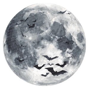 May include: A watercolour illustration of a full moon, rendered in shades of grey and white, with a textured, cloudy effect. Silhouetted bats are depicted flying across the moon, creating a Halloween theme.
