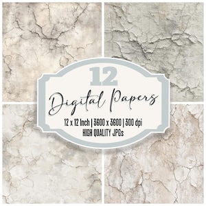 May include: A collection of 12 digital papers featuring cracked, weathered wall textures in shades of beige, gray, and white. The central label displays the text 12 Digital Papers, 12 x 12 Inch, 3600 x 3600, 300 dpi, HIGH QUALITY JPGs.