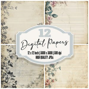 12x Antique Lined Digital Paper, Junk Journal Paper Pack, Vintage Floral Stationery, Aged Paper Texture, Printable Scrapbook Backgrounds