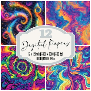 12x Psychedelic Swirls Junk Journal Paper, Trippy Digital Paper Pack, Colorful Abstract Backgrounds, Retro 70s Scrapbook Texture Printable