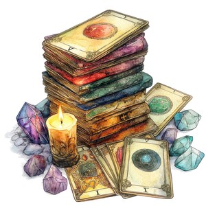 May include: A stack of vintage tarot cards with a lit candle and crystals. The cards are worn and have a rustic look. The candle is in a glass jar with a decorative design. The crystals are various shades of purple and blue.