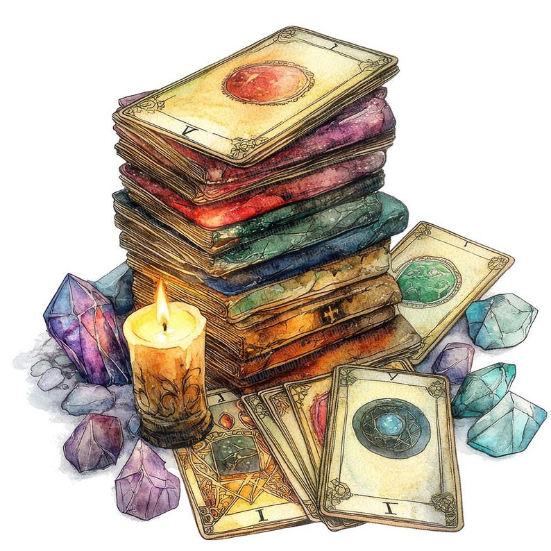 May include: A stack of vintage tarot cards with a lit candle and crystals. The cards are worn and have a rustic look. The candle is in a glass jar with a decorative design. The crystals are various shades of purple and blue.