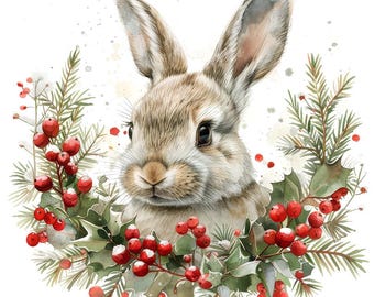 Winter Bunny PNG Clipart, 12x Cute Rabbit Wreath Set, Printable Christmas Woodland Animals, Transparent Background, Digital Download File