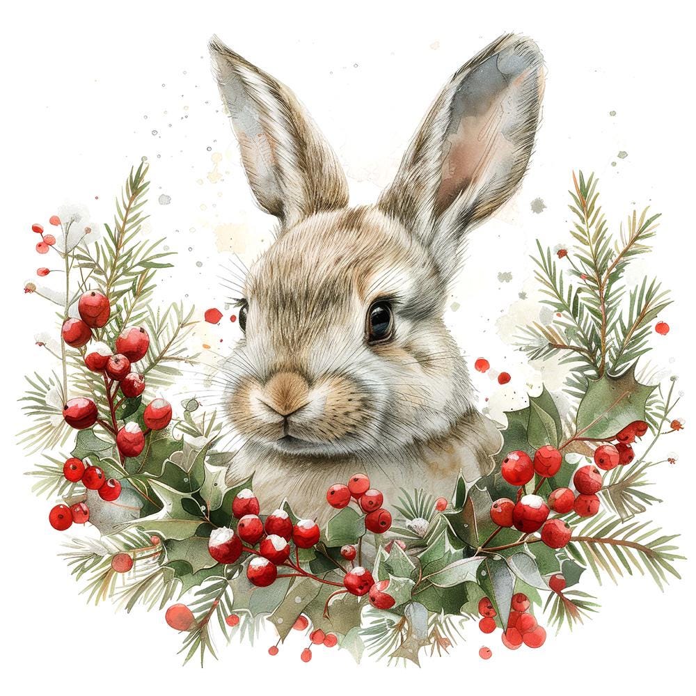 Winter Bunny PNG Clipart, 12x Cute Rabbit Wreath Set, Printable ...