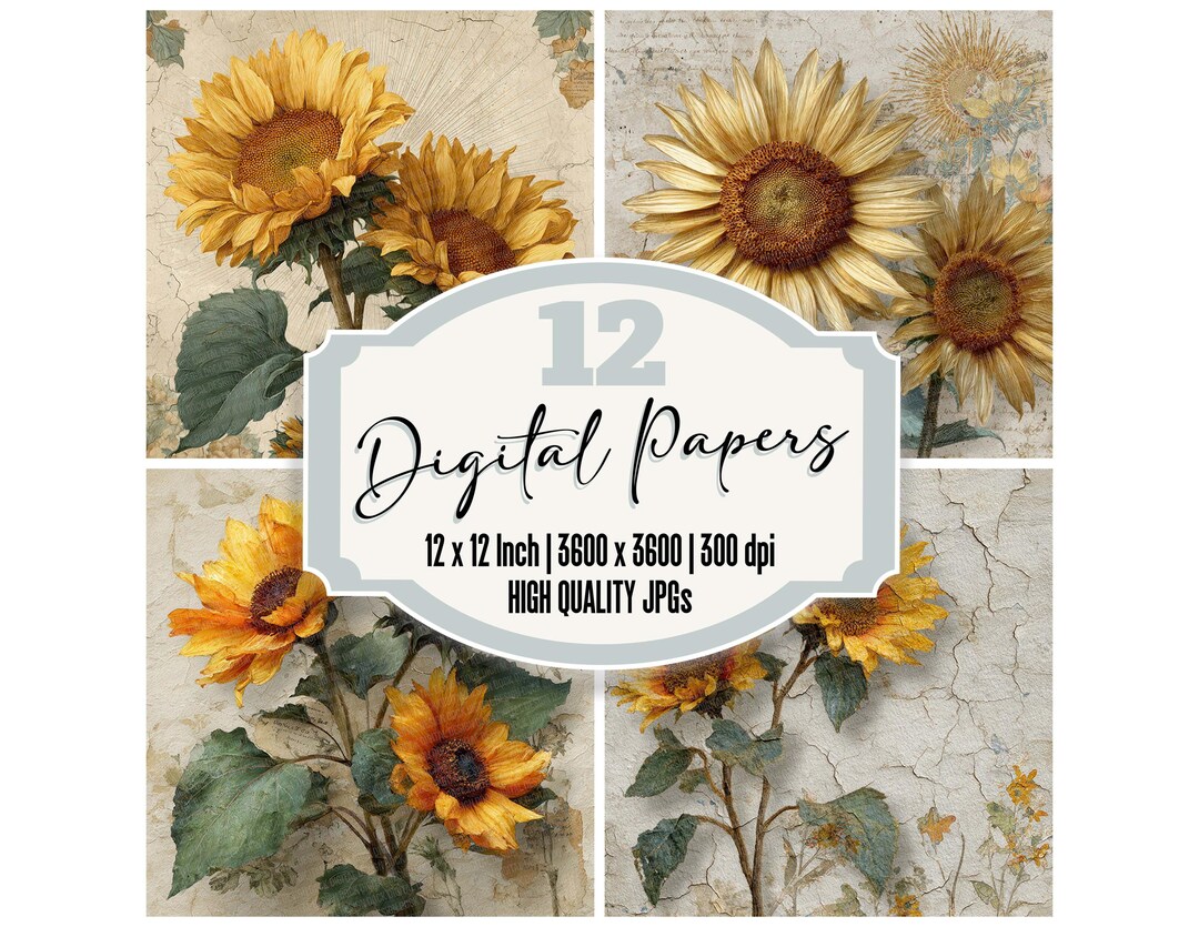 12x Sunflower Label Junk Journal Paper Digital Paper Pack Printable ...