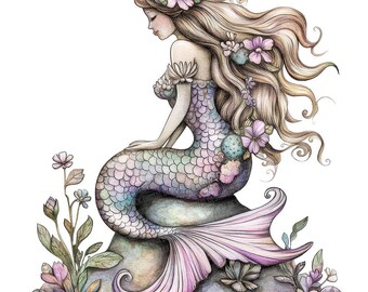 May include: Watercolor illustration of a mermaid with long, flowing blonde hair adorned with pink flowers. She sits on a rock, her scaled tail in shades of purple and green. Delicate flowers and foliage surround her, creating a whimsical, fantasy theme.