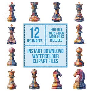 Pode incluir: Doze ilustrações de aquarela de peças de xadrez. Cada peça é pintada em um estilo abstrato e colorido com tons de vermelho, azul, amarelo e branco. As peças são dispostas em uma grade sobre um fundo branco. O texto "12 JPG IMAGES", "HIGH RES 4096 x 4096 IMAGE FILES INCLUDED" e "INSTANT DOWNLOAD WATERCOLOUR CLIPART FILES" é exibido em um fundo azul.