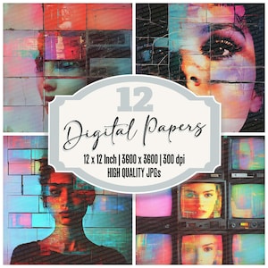 May include: A set of 12 digital papers featuring abstract designs with a retro aesthetic. The papers include images of a woman's face, brick walls, and vintage televisions. The papers are 12 inches by 12 inches and 3600 pixels by 3600 pixels at 300 dpi.