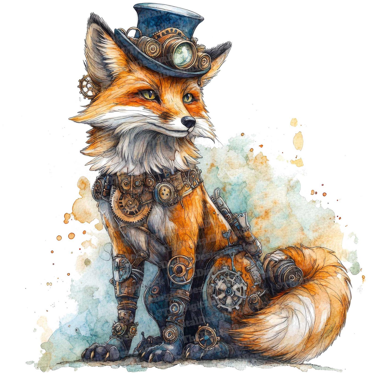 12x Steampunk Fox Clipart, Watercolor Mechanical Animal, High Quality ...