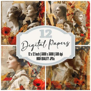 Paquete de 12 papeles digitales de collage vintage con textura patriótica, de alta calidad, para diario basura de heroína americana, archivos JPG, descarga de álbumes de recortes