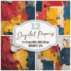 Paquete de 12 papeles digitales para collage de diario de primaria con textura de garabatos en rojo, amarillo y azul, archivos JPG de alta calidad con fondo desgastado.