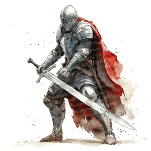 May include: A watercolor painting of a knight in full armor, holding a sword. He is wearing a red cape and is standing on a brown background.