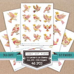May include: Sheets of watercolor bird illustrations in yellow, pink, and red. The birds have heart and floral patterns. The text on the image says "Fussy Cut Pages", "US Letter & A4 Sheets", and "48 PCS".