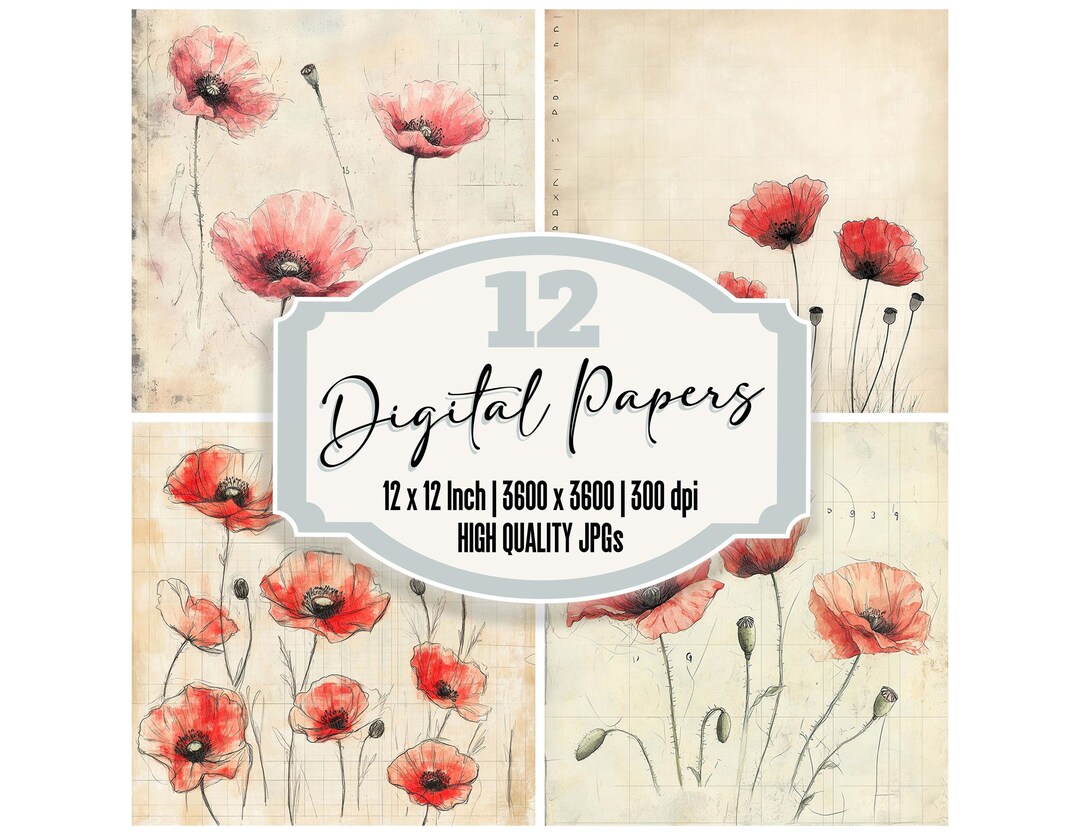 12x Poppy Flower Junk Journal Paper Botanical Digital Paper Pack High ...