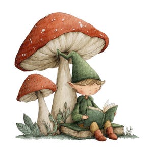 May include: A charming watercolour illustration depicts an elf reading beneath a large mushroom. The mushroom has a red cap with white spots. The elf is dressed in green and sits on a pile of books, creating a fairytale scene.