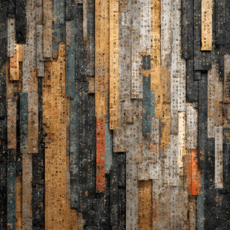 Peut inclure: &OElig;uvre d'art num&eacute;rique abstraite avec des planches de bois verticales de couleurs vari&eacute;es, dont l'or, le noir, le gris et l'orange. Les planches ont un aspect vieilli avec des chiffres et des symboles &eacute;pars, cr&eacute;ant une esth&eacute;tique industrielle textur&eacute;e.