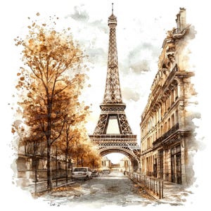 12 Clipart aquarelle automne Tour Eiffel, carte postale sépia Paris rue, Clipart imprimable, JPG de haute qualité, téléchargement numérique, créations en papier