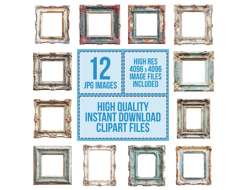 Vintage Picture Frame Clip Art, 12x Ornate Frame Clipart Set, Antique