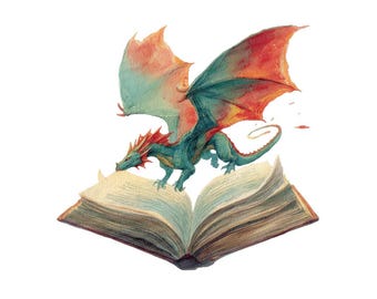 12x Dragon Book PNG Clipart, Fantasy Creature Clip Art Set, Printable Watercolor Clip Art, Digital Download, No Background PNG, Paper Crafts
