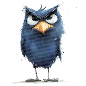 12x Quirky Bird Clip Art, Grumpy Blue Bird Watercolor, Printable ...