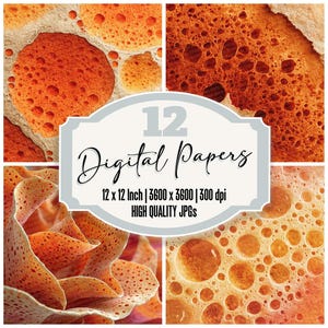 May include: A collage of four digital papers with textured, organic patterns in shades of orange and beige. The image includes the text "12 Digital Papers" and details about the size and resolution of the digital files.
