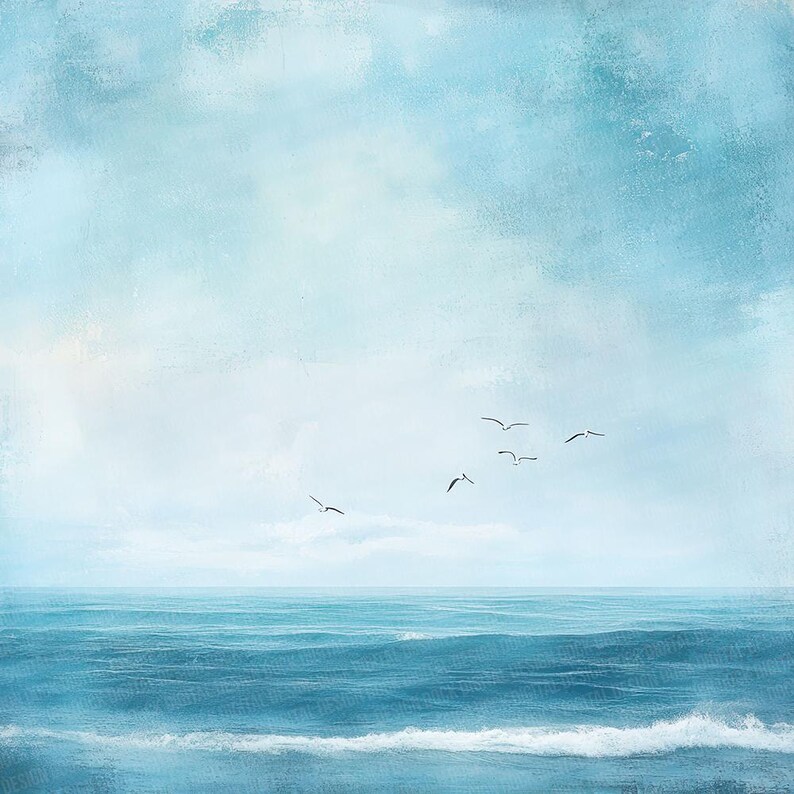 K&ouml;nnte beinhalten: Ein blaues und wei&szlig;es Aquarellbild einer Meereslandschaft mit ein paar V&ouml;geln, die am Himmel fliegen.
