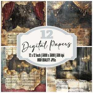 Paquete de 12 papeles digitales de terciopelo para diario, partituras musicales, texturas de teatro vintage, fondos para álbumes de recortes, archivos JPG de alta calidad.