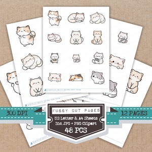 Kawaii kattenfiguurtjes om uit te knippen - 12 printbare pagina's voor je junk journal, kaarten maken of andere creatieve bezigheden. Digitale download.