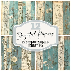 Paquete de 12 papeles digitales desgastados con diseño floral vintage, de alta calidad, con textura desgastada, para diario basura, color verde azulado.