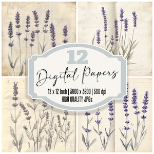 12x Lavender Junk Journal Paper Pacote de papel digital de esboço botânico JPGs de alta qualidade Textura de grade vintage Papel para scrapbook Download