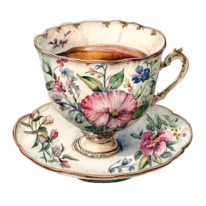 May include: A vintage teacup and saucer with a floral pattern. The cup is filled with tea and features a delicate floral design in shades of pink, blue, and green. The saucer has a matching floral design.