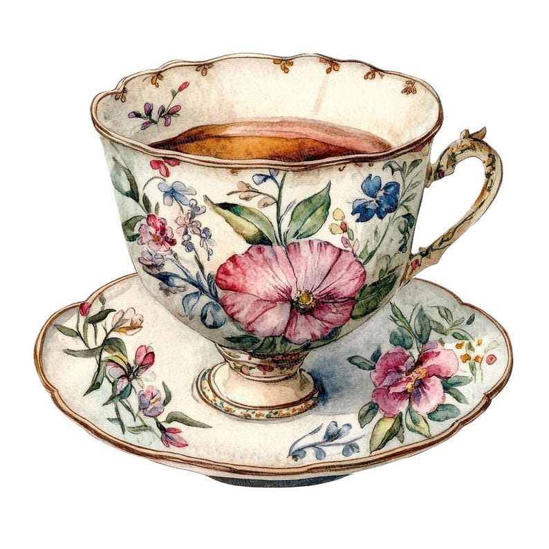 May include: A vintage teacup and saucer with a floral pattern. The cup is filled with tea and features a delicate floral design in shades of pink, blue, and green. The saucer has a matching floral design.