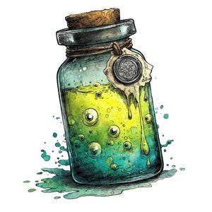 May include: A watercolor illustration of a glass bottle filled with a bubbling, glowing green and yellow liquid. The bottle has a cork stopper, a silver seal, and is tied with twine. Green liquid spills from the bottle, creating a splash effect.