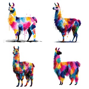 May include: Four watercolor paintings of llamas. Each llama is depicted in a standing pose, with a colorful patchwork design of blues, pinks, yellows, and oranges. The llamas have black legs and are set against a white background.