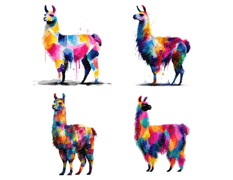 May include: Four watercolor paintings of llamas. Each llama is depicted in a standing pose, with a colorful patchwork design of blues, pinks, yellows, and oranges. The llamas have black legs and are set against a white background.