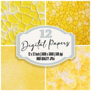 May include: A digital art collection featuring four yellow textured backgrounds with a cracked paint effect. The image includes a central label with the text "12 Digital Papers" and details about the paper size and resolution.