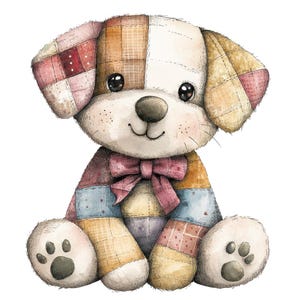 Könnte beinhalten: Ein Patchwork-Stoffhundspielzeug mit einem braunen, weißen und roten Karomuster. Das Spielzeug hat eine rosafarbene Schleife und ein lächelndes Gesicht.