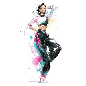 Puede incluir: Ilustración en acuarela de una figura de moda con un atuendo elegante. La figura lleva un top corto blanco y negro, pantalones negros de cintura alta y tacones rosas. Salpicaduras de pintura coloridas acentúan la imagen, creando un efecto dinámico y artístico.