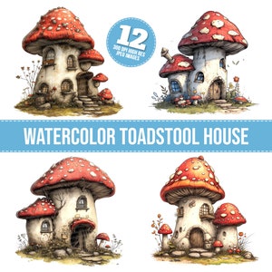 Clipart maison champignon vénéneux, 12 fichiers JPG, image imprimable maison de fée, Illustration de champignon, art mural, téléchargement numérique, journaux indésirables, T-shirt