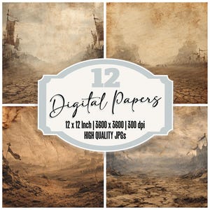 Pode incluir: Uma colagem de quatro papéis digitais com tema vintage e fantasia. Os papéis apresentam uma paisagem desolada com terra rachada, estruturas distantes e banners. O gráfico central diz "12 Digital Papers" com detalhes de tamanho e qualidade.