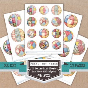 May include: Sheets of paper featuring watercolor illustrations of patchwork balls in various colors and patterns. The image includes text that reads "Fussy Cut Pages" and "48 PCS".
