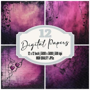 12x Dark Barbed Heart Junk Journal Paper Gothic Digital Paper Pack Distressed Texture High Quality JPGs Scrapbook Paper Digital Download