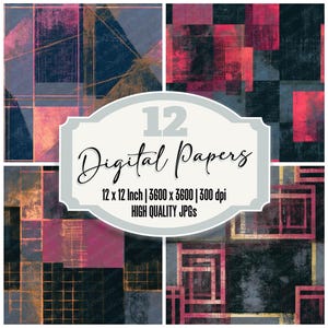May include: A collection of 12 digital papers with abstract geometric designs in shades of navy, pink, gold, and black. Each paper is 12 x 12 inches and 3600 x 3600 pixels at 300 dpi. The text reads "12 Digital Papers".