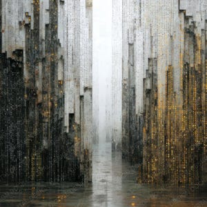 Peut inclure: &OElig;uvre d'art num&eacute;rique abstraite repr&eacute;sentant un couloir de structures verticales avec des motifs de code binaire. Les structures passent du sombre &agrave; la lumi&egrave;re, avec une surface r&eacute;fl&eacute;chissante en dessous. La palette de couleurs comprend des nuances de gris, de noir et d'or.