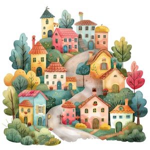 12 imágenes prediseñadas de pueblos de dibujos animados, imágenes prediseñadas de pueblos coloridos, imágenes prediseñadas de acuarela imprimibles, arte mural, manualidades de papel, descarga digital, revistas basura